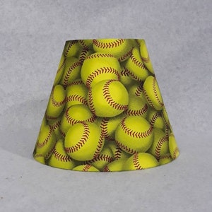 Softball lamp shade.  Shades are 9.5" wide at the bottom, 5" wide at the top and 7" tall