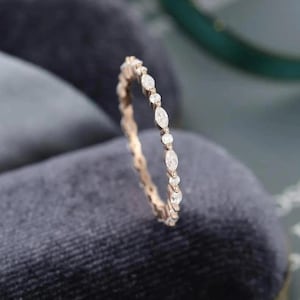 Alternating Marquise and Round Moissanite Wedding Band 24K Plated Eternity Dainty Stackable Ring Lab Diamond Band Bridal Anniversary Band