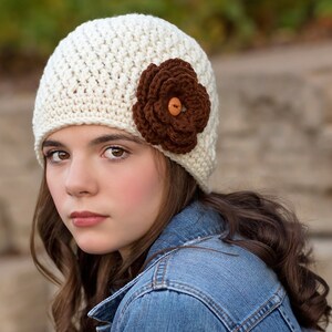 Cream or Off White Beanie Hat with Brown Flower/Winter Hat/Beanie Hat/Flower Hat (fits baby to adult)
