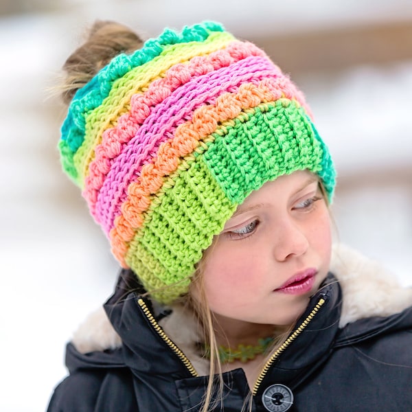 Ponytail Hat/Messy Bun Hat/Multicolor Hat/Pink, Aqua, Peach, Green, Yellow Hat (fits child, teen/small adult and medium adult)