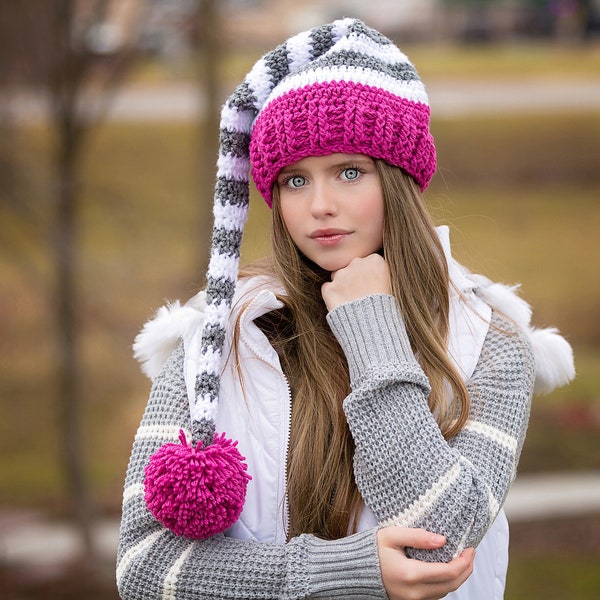 Elf Hat/Long Tail Hat/Pom Pom Hat/Stocking Hat/Stocking Cap/Pink, Gray and White Stocking Hat (fits babies to adult)