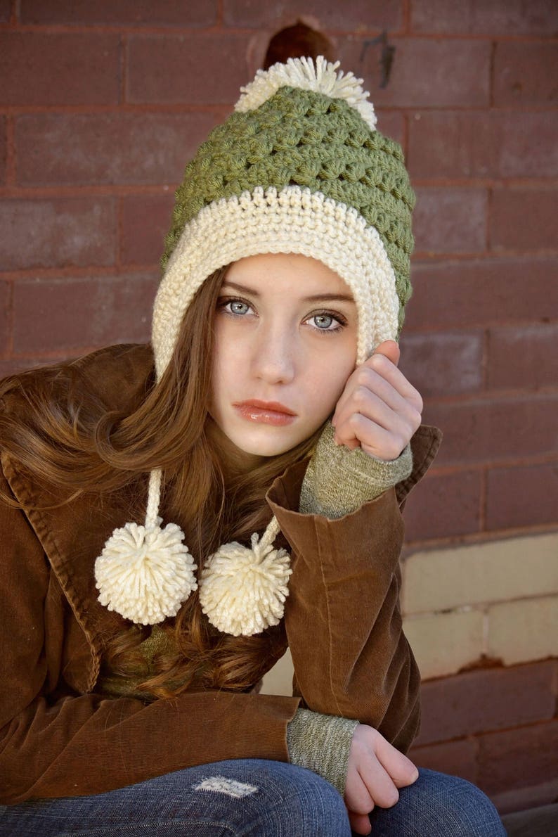 Earflap Hat With Pom Poms/moss Green and Cream Hat fits Etsy