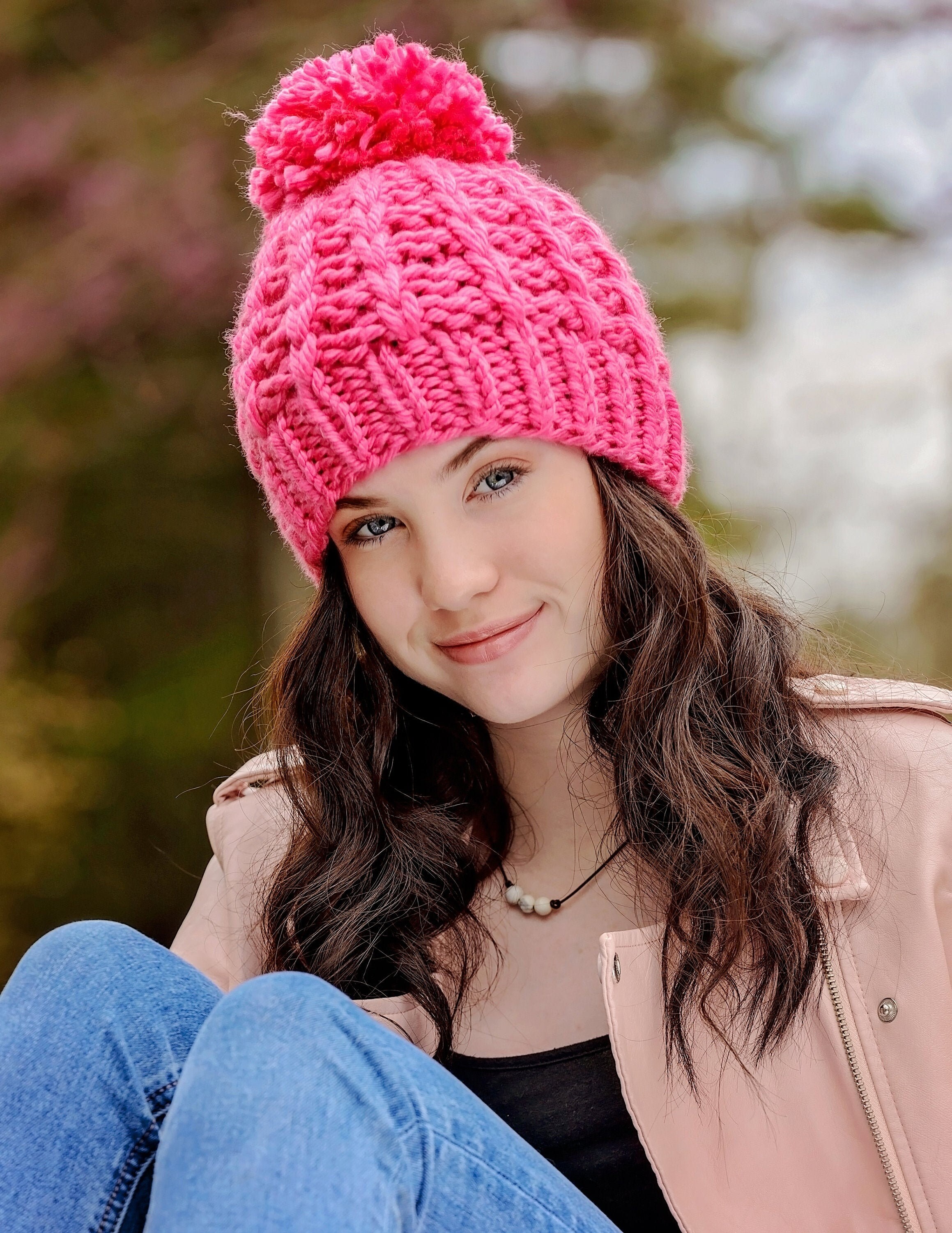 Pink Knit Hat/Knit Hat/Pom Hat/Beanie Hat/Pom Pom Hat/Pink Hat | Etsy