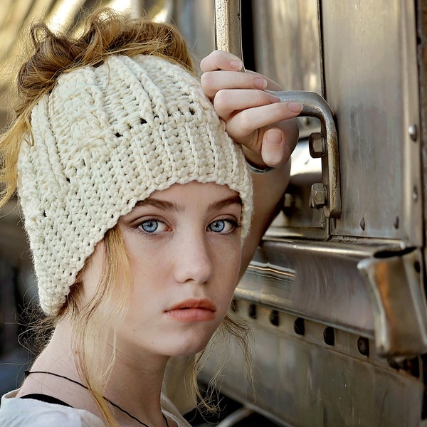 Ponytail Hat/Messy Bun Hat/Cream, Off White Hat (fits teen/small adult and medium adult)