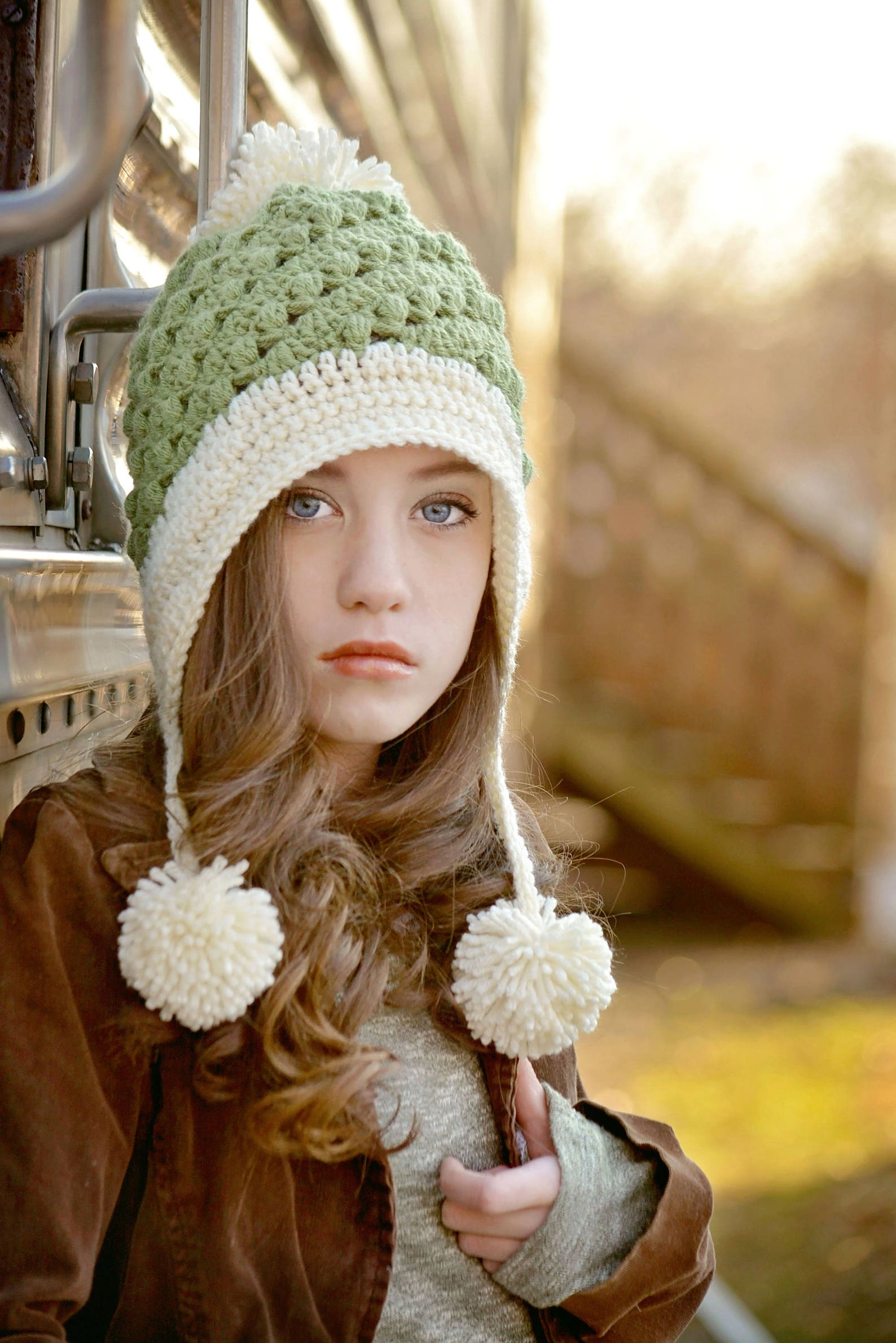Earflap Hat With Pom Poms/moss Green and Cream Hat fits Etsy