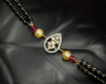 Bracelet Mangalsutra diamants à la main de 1,5 carat, poire Mangalsutra, bracelet Mangalsutra perles noires, cadeau pour femme, bijoux indiens pour elle