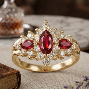 Op de afbeelding: Een gouden ring met een centrale marquise-geslepen rode edelsteen, geflankeerd door twee kleinere marquise-geslepen rode edelstenen. De zetting is versierd met talloze kleine, ronde, helderwitte steentjes in een cluster rondom.