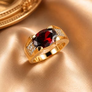 Könnte beinhalten: Ein Goldring mit einem großen, oval geschliffenen, tiefroten Edelstein in der Mitte, flankiert von zwei Abschnitten mit kleinen, klaren, im Pavé-Stil gefassten Steinen auf der Ringschiene. Die polierte Goldschiene sorgt für ein glänzendes Finish.