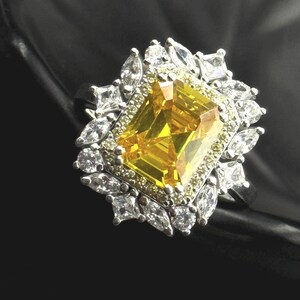 3Ct Emerald Cut Yellow Citrine Lab Created Diamond Ring Women’s Ring 14k Gold Plated on 925 Silver Cocktail Ring | Birthday Gift for Her