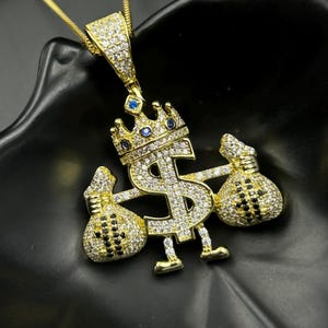 15Ct Lab Created Diamond Dollar Sign Money Bag Pendant 14k Gold Plated | Iced Out Hip Hop Crown Necklace | Rap Bling Jewelry