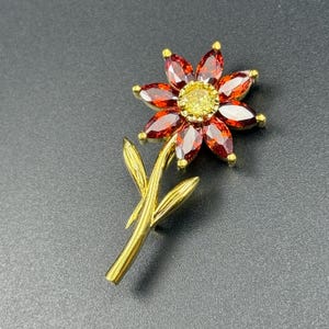 May include: A gold-toned flower brooch with a central yellow stone and red petal-shaped stones. The brooch is in the shape of a flower with a stem and leaves. The brooch is set against a dark background.