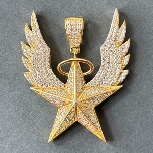 Colgante de ángel con alas para hombre / Collar con diamantes de laboratorio bañado en oro de 14 k / Colgante de hip hop / Regalo de cumpleaños para él