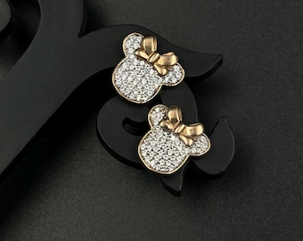 Pendientes de diamantes de 1,3 quilates creados en laboratorio para mujer, con forma de ratón, chapados en oro rosa de 14 quilates, con dibujos animados, joyería de plata de ley, regalo