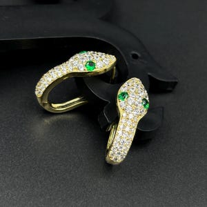 2ct Lab Created Diamond Snake Hoop Earrings with Green Emerald Eyes 925 Silver 14k Gold Plated Diamond Serpent Earrings Gothic Gift for Her