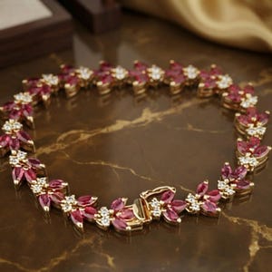 4CT Marquise Cut Lab Created Ruby and Diamond Women's Bracelet 14K Yellow Gold Plated, 925 Sterling Silver, Gift for Her, Floral Bracelet