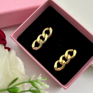 Cuban Link Earrings in Sterling Silver, 14K Yellow Gold Plating on 925 Silver, Birthday or Anniversary Gift for Her Minimalistic Jewelry