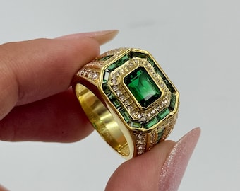 3 kt lab gemaakte diamanten ring, groene smaragdgroene ring voor mannen, cadeau voor hem, 14k geelgouden vergulde ring op sterlingzilver cadeau voor hem