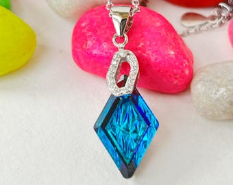 925 Silver Diamond Shape Blue Pendant – Geometric Crystal Necklace Gift for Her, Dainty Jewelry, Birthday Gift for Women Gift For Girls