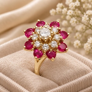 3Ct Round Cut Lab Created Diamond & Pink Ruby Ring, 14K Yellow Gold Plated Ring on Bridal Ring, Anniversary Gift For Her