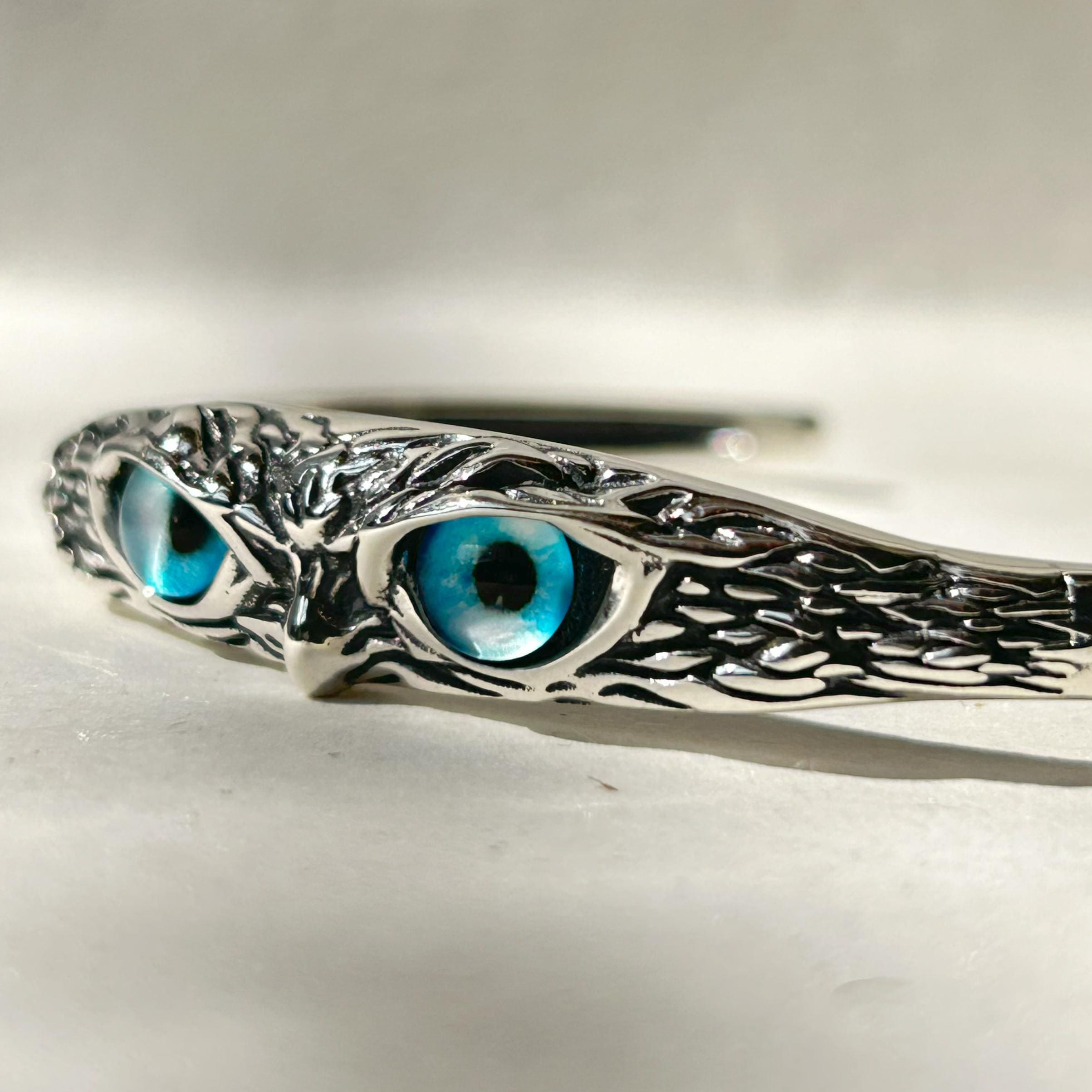 Realistic Owl Eye Bracelet for Women 925 Sterling Silver with 14k White Gold Plating, Unique Animal 