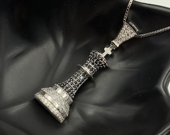 2Ct Black And White Lab Created Diamond Pendant, Chess Pendant Hip Hop Men Pendant 925 Silver 14K White Gold Plated Pendant Gift For Him