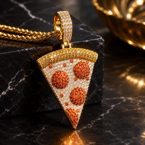 Pode incluir: Um pingente dourado em formato de fatia de pizza, suspenso por uma corrente de corda combinando. O pingente é incrustado com pedras transparentes, amarelas e laranjas, com grupos circulares de pedras laranjas representando coberturas.