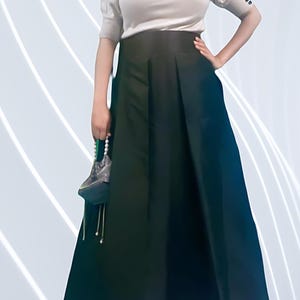 Black Pleated Taffeta Maxi Skirt with Pockets – High-Waisted Formal Long Skirt for Women – Elegant Christmas Holiday Party Outfit