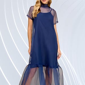 Navy Blue Sheer Organza Midi Dress – Ruffle Hem Cocktail Party & Prom Dress, Elegant Christmas Gift for Her Customized Color