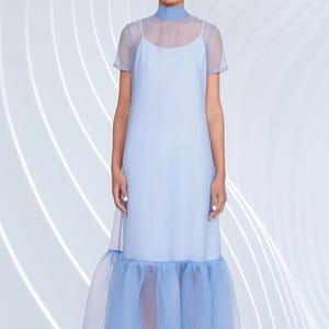 Sheer Sky Blue Organza Dress: Elegant High Neck Ruffle Gown