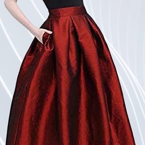 Burgundy Taffeta Pleated Maxi Skirt Pockets High-Waisted Formal Long Skirt Evening Wear, Bridesmaid Outfit, Party Look Christmas Gift