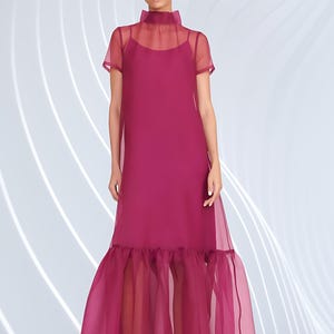 Elegantes schieres lila Organza-Maxikleid - Kleid mit Rüschensaum und Bogen zurück & Slip, Abendhochzeit Weihnachtsgeschenk für ihre individuelle Farbe
