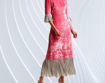 Vestido de terciopelo rosa de corte A con dobladillo con volantes, vestido formal de noche y cóctel, atuendo romántico para vacaciones de invierno, regalo para ocasiones especiales para ella