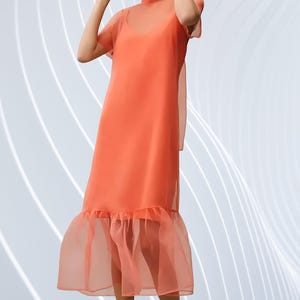 Orange schiere Organza Midi-Kleid mit hohem Hals Rüschen Saum Cocktail Abschlussball-Party Weihnachtsgeschenk individuelle Farbe