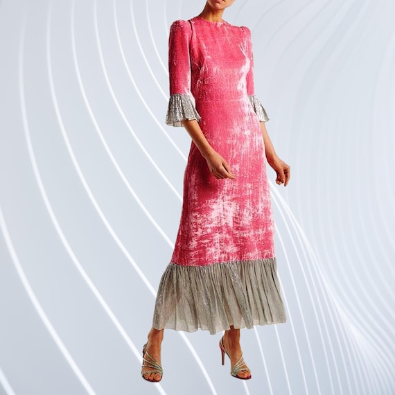 pink velvet holiday dress Queendancer Women Pink Velvet Long Holiday Party Dress with Sash High Neck  A Line Evening Dress – queendancer main image 0