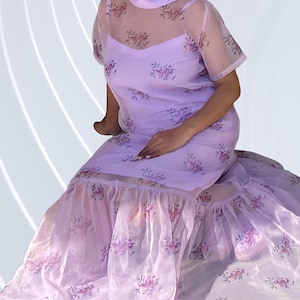 Sheer Lavender Organza Gown with Ruffle Hem Evening Christmas Party Wear Dress Gift for Her