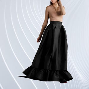 Modern Women Black Taffeta Pleated Skirt with Ruffle Hem Pockets High-Waisted Formal Wedding Party Evening Skirt