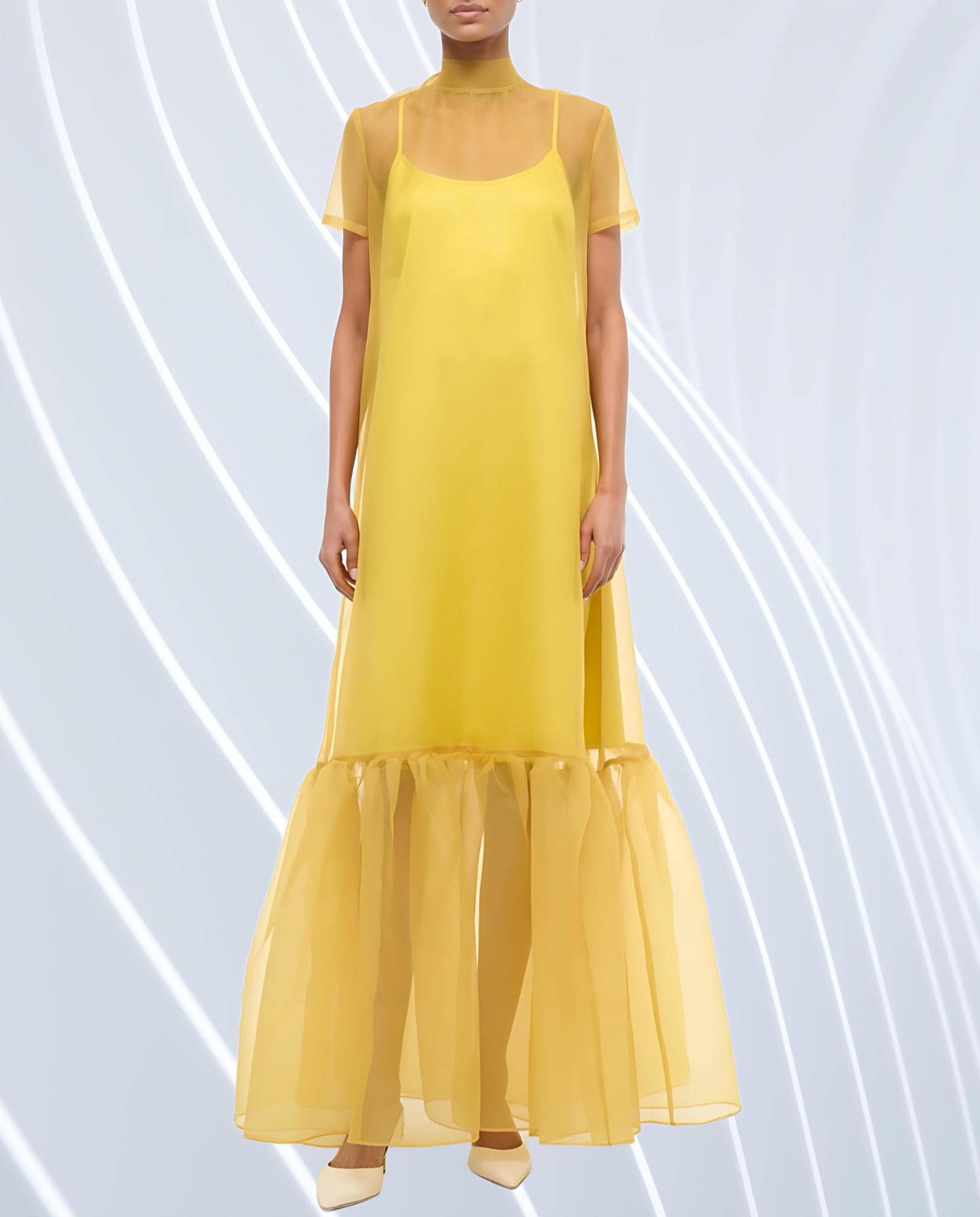 Sheer Yellow Organza Dress, Ruffle See Through Dress With Bow Back, Elegant Evening Gown, Beach Wedding Bridesmaid Dress Sheer Yellow Organza Dress, Ruffle See Through Dress With Bow Back, Elegant Evening Gown, Beach Wedding Bridesmaid Dress