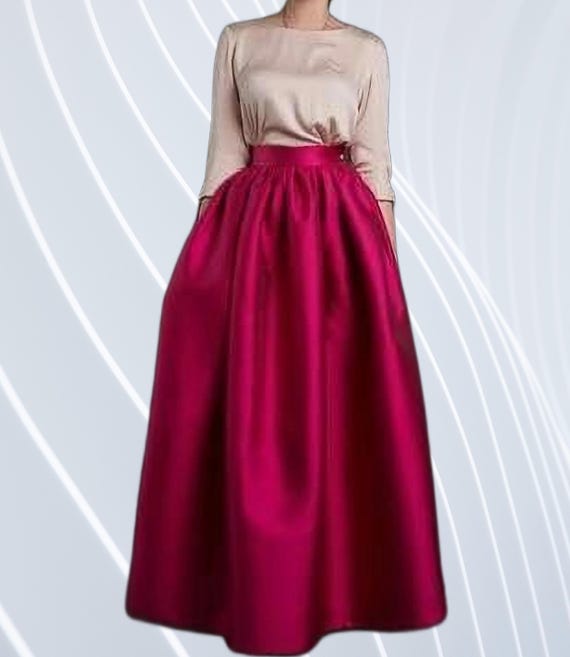 Pink Taffeta Pleated Skirt, Flared Skirt with Pockets, A-Line Maxi Skirt, Bridesmaid Skirt, Wedding Guest, Holiday Party, Evening Outfit Pink Taffeta Pleated Skirt, Flared Skirt with Pockets, A-Line Maxi Skirt, Bridesmaid Skirt, Wedding Guest, Holiday Party, Evening Outfit