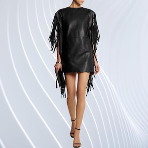 faux leather fringe dress Black Faux Leather Tassel Plunge Mini Dress