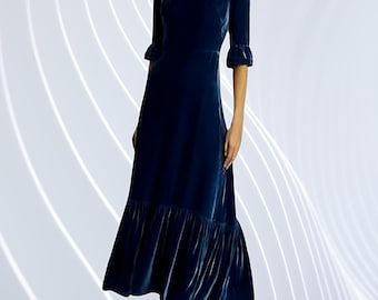 chinese dress ladies A Line V Neck Blue Velvet Top Long Prom Dress with Pocket, V Neck Blue –  abcprom main image 1