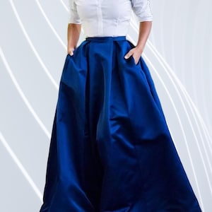 Royal Blue Taffeta Pleated Maxi Skirt with Pockets High-Waisted Skirt Formal Event, Wedding, Party, Christmas Gift for Her Customized Color