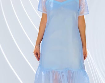 Sheer Wedding Dress, Sky Blue A Line Maxi Bridesmaid Dress, Short Sleeve Organza Dress, Summer Women Wedding Guest Dress, Prom Dress