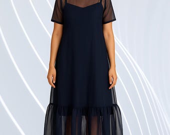 High Neck Sheer Organza Overlay Dress | Christmas Evening Ruffle Maxi Gown | Wedding Bridesmaid Tulle Outfit