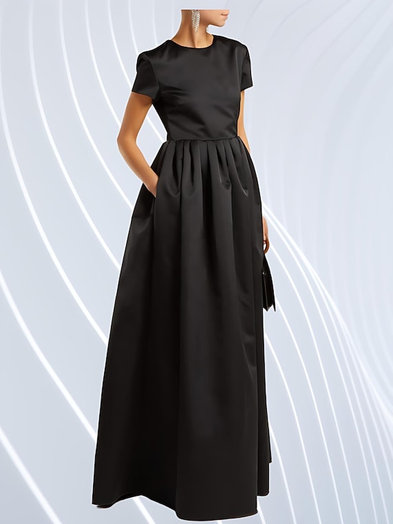 Long Black Dress With Pockets, Fit and Flare Dress, Bridesmaids Wedding Dress, Cocktail Maxi Dress, Evening Party Wear Prom Dress