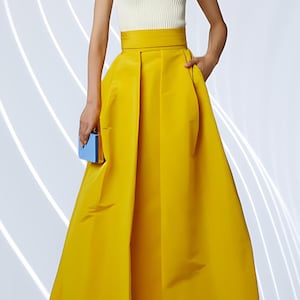 Yellow Taffeta Pleated Maxi Skirt with Belt High-Waisted Formal Long Skirt Women Evening Wear, Bridesmaid Outfit, Party Look Christmas Gift