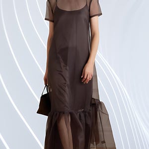 Sheer Brown Organza Maxi Gown Ruffle Hem Dress Formal Evening Wear, Wedding Guest Outfit, Holiday Dinner & Christmas Gown Special Occasion