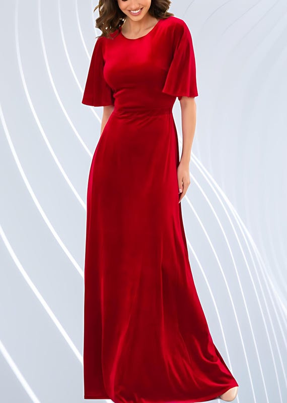 red velvet flare dress Red Rhinestone Velvet High Slit Fit & Flare Prom Dress main image 1