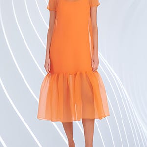 Sunset Glow Orange schiere Organza Midi-Kleid mit hohem Hals und Rüschen Saum Cocktail Abschlussball-Party Weihnachtsgeschenk individuelle Farbe