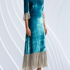 Blue Velvet A-Line Dress Ruffle Hem Formal Gown Evening & Cocktail Party Dress Romantic Winter Holiday Outfit, Special Occasion Gift for Her