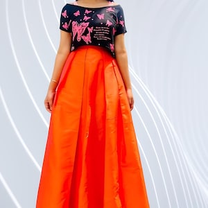 Orange Taffeta Pleated Skirt with Pockets – Perfect for Wedding Bridesmaids Formal Evening Events and Holiday Celebrations Customized Color
